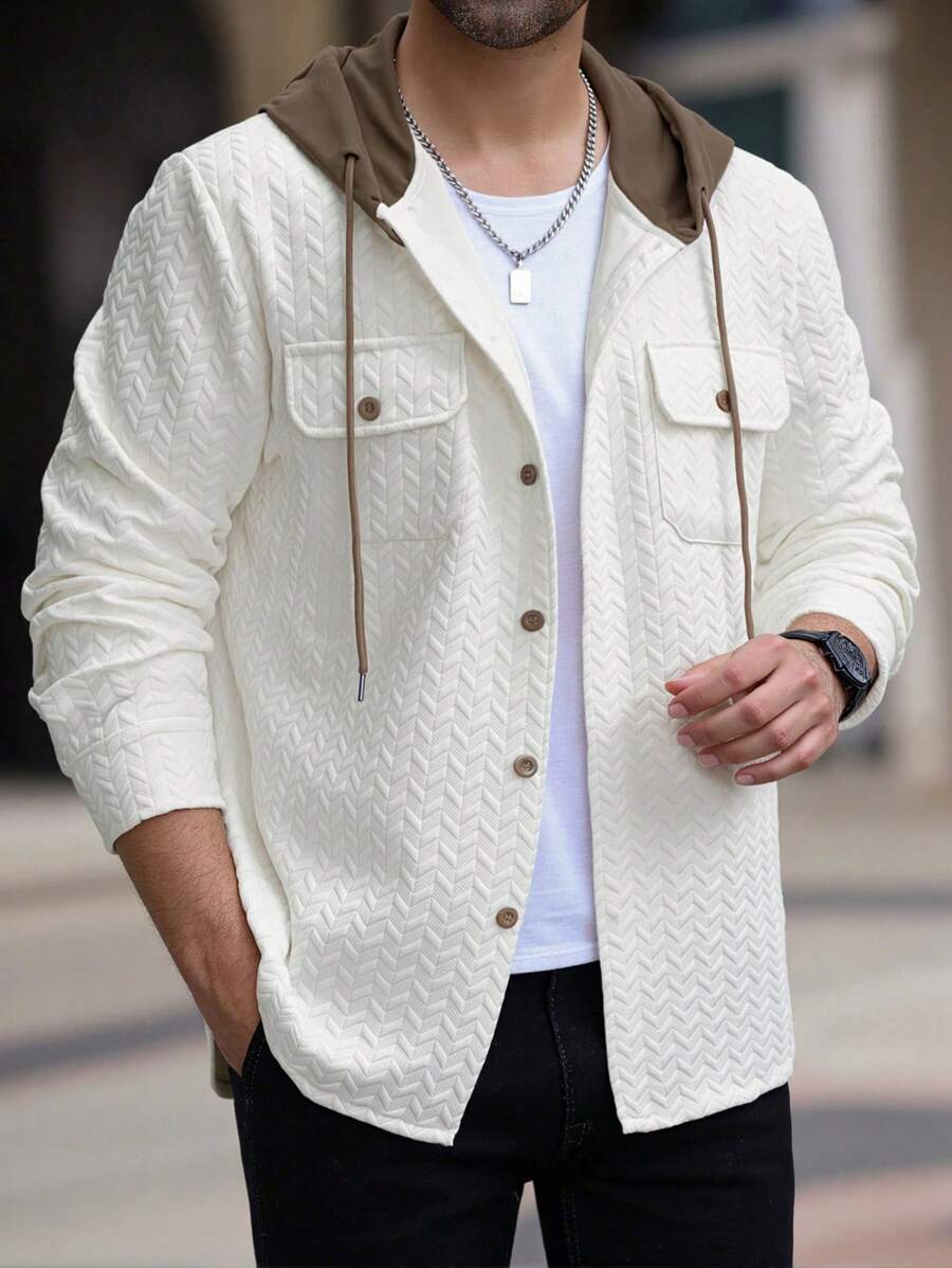 Manfinity Homme Men's Hooded Button-Down Long Sleeve Casual Shacket - White - View 1