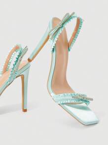 SheIn MOD Giày cao gót đế vuông đính đá và nơ đính kim cương giả Cuccoo dành cho nữ - Màu xanh nhạt - Xem 5