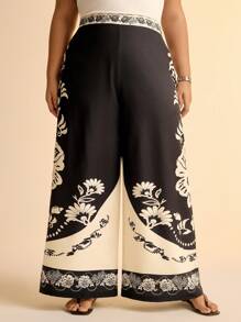 CAJUNI Plus Size Women's Boho Black & White Floral Print Straight Leg Casual Pants, Suitable For Beach/Holiday, Summer & Autumn - Multicolor - View 4
