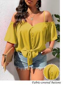 SHEIN LUNE Áo cánh hở vai cổ chữ V thời trang giản dị cổ điển cỡ lớn - Màu vàng - Xem 5