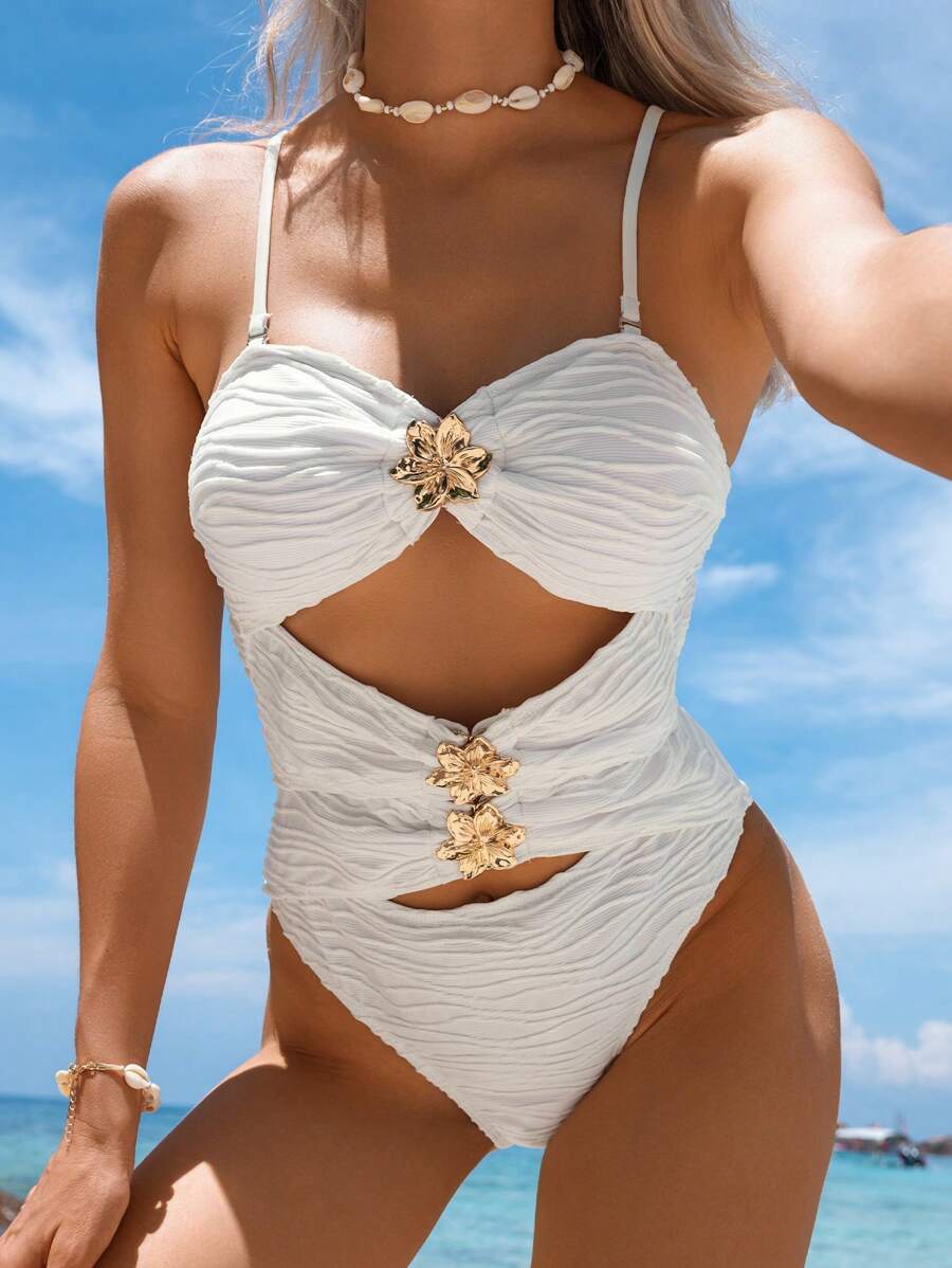 Swim Vcay 1 pieza Traje de baño de una pieza para mujer con tela texturizada y decoración de pétalos calados, diseño elegante para el ocio y las vacaciones