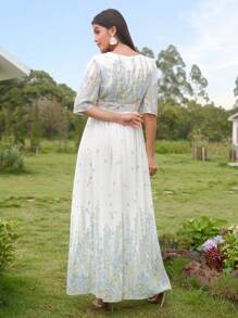 Modelyn Women's V-Neck Romantic Chiffon Placement Printed Dress, Spring/Summer