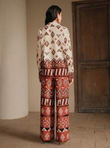 Anewsta 女士春夏菱形格高端时尚印花上衣和裤子两件套休闲、节日、度假、假日 - 紅木色 - 查看 2