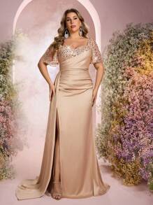 Glamrae 优雅闪亮亮片装饰网眼袖褶饰美人鱼晚礼服，开衩，奢华缎面拼接，适合婚礼、派对、度假、舞会，加大码 - 香檳色 - 查看 4