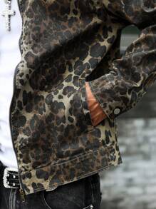 Manfinity EMRG Men Long Sleeve Leopard Print Zip Front Denim Jacket, Fall - Multicolor - View 6