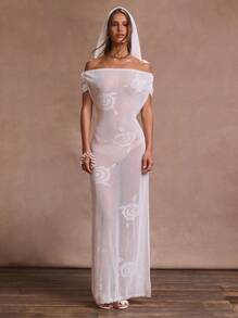 Musera Resort Floral Knit Off The Shoulder Asymmetric Drape Maxi Dress Head Scarf Summer Ibiza Fits Holiday Vacation Sexy Romantic Sagradabridal Hen Do Beach 4th July Wedding Bachelorette Spring Elegant - White - View 5