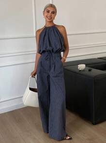 DAZY Women 2 Pieces Set: Sleeveless Striped Halter Tank Top And Wide Leg Floor Length Pants, Casual Summer Outfit - Navy Blue - View 6