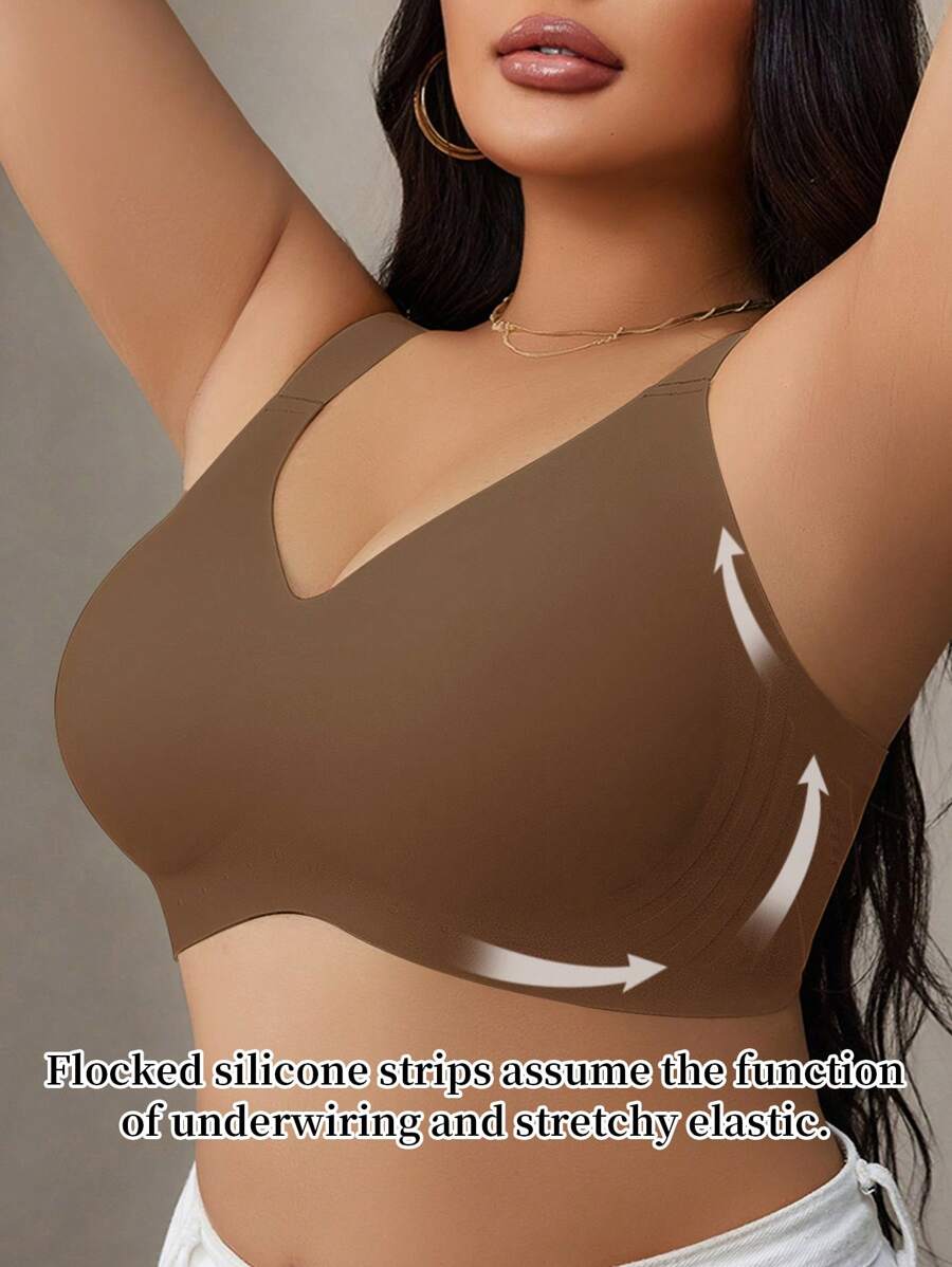 Plus Size Women Seamless Gummy Bra With Soft Support & Wireless, Lift & Enhance Bust - Brown - View 1