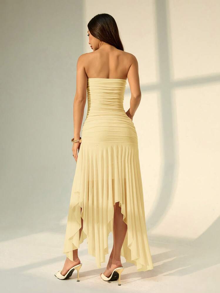 SHEIN PETITE Women's Asymmetrical Hem Ruffle Strapless Dress, Suitable For Dates And Wedding Season,Summer Dresses For Women - Yellow - View 2