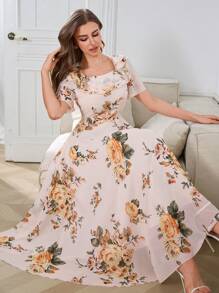 Modelyn Ruffle Hem Printed Fitted Chiffon Dress - Apricot - View 1