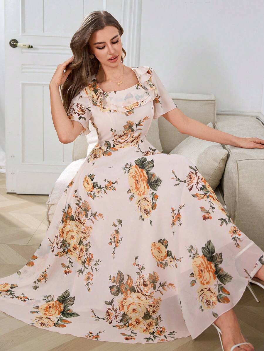 Modelyn Ruffle Hem Printed Fitted Chiffon Dress - Apricot - View 1
