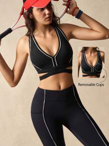 VARSIVA 女士撞色健身上衣露背工字背运动文胸 - 黑與白 - 查看 1