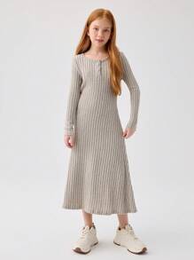 SHEIN Leap Crew Tween Girls Fitted Casual Crew Neck Button Front Long Sleeve Minimalist Waist A-Line Dress - Apricot - View 3