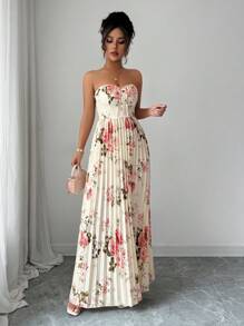 Selianne 女士优雅浪漫花卉印花褶饰腰部 A 字形下摆露肩连衣裙 - 彩色 - 查看 4