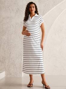 MaterniWear V领条纹休闲孕妇装韩版宽松显瘦圆下摆开叉长裙夏季 - 黑與白 - 查看 3