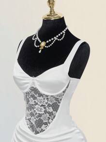 SHEIN ICON Y2K Style Lace Patchwork Ruched Open Back Mini Dress,Club Outfits Women Sexy,Boho Clothes Women - White - View 4