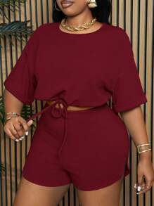 Slaydiva Slayr Plus Size Plain Drawstring Slit Two Pieces Outfits, Casual Summer Set - Burgundy - View 5