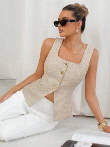 Lavishia Apricot Linen-Like Sleeveless Fitted Blouse, Suitable For Daily Commute And Work, Summer Business Women Attire Business Casual Woman Summer Outfits For Women Business Casual Woman Work Clothes Women Teacher Outfits For Women Work Outfits For Women  Teacher Outfits For Women Office Outfits For Women Work Clothes Women Business Casual Woman Classy Top Womens Sleeveless Top Button Down Vest