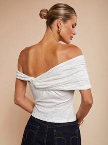 COSMINA Women's Off Shoulder Floral Lace Form-Fitting Fashionable Blouse - White - View 2