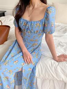 DAZY Women's Square Neck Waist Cinched Short Sleeve Split Midi Dress