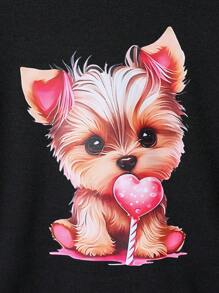 Conjunto de moletom com capuz e calça comprida com estampa de gato de desenho animado para meninas, primavera/outono - Preto - Ver 5