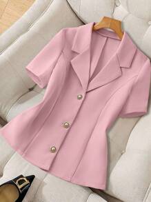 Franclia French Elegant Attitude Daily Casual Versatile Short Sleeve Metal Buckle Fitted Women Jacket Top, Spring/Summer