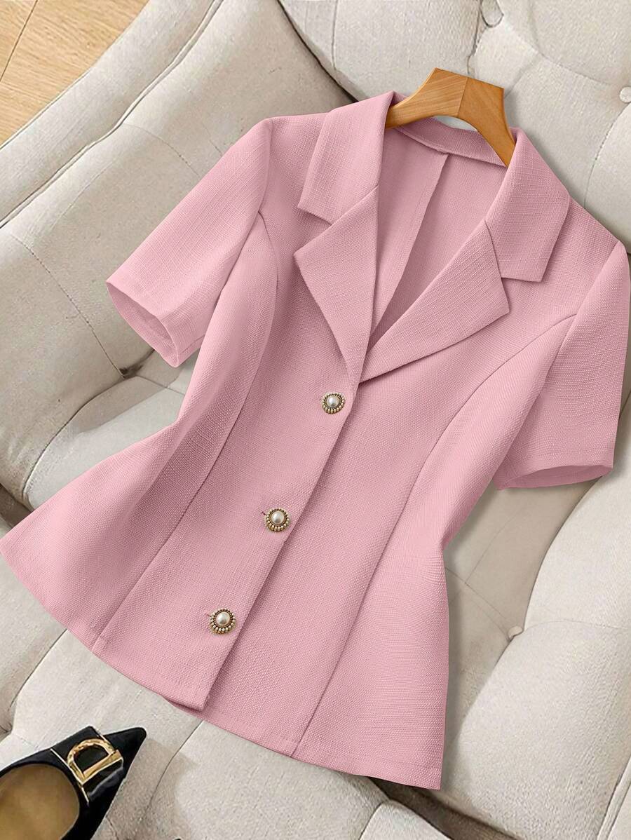 Franclia French Elegant Attitude Daily Casual Versatile Short Sleeve Metal Buckle Fitted Women Jacket Top, Spring/Summer