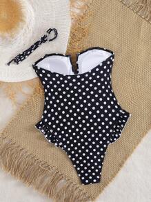 Swim Mod 女士夏季波尔卡圆点印花可拆卸肩带 V 领荷叶边缀饰抹胸式连体泳衣，度假风 - 黑與白 - 查看 2