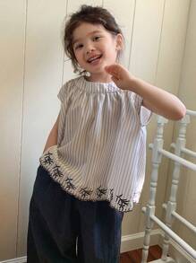 DAZY 2pcs Young Girls Casual Striped Round Neck Shirt & Wide Leg Relaxed Fit Pants Set