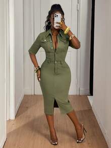 SHEIN SXY 女式纽扣半襟开衩下摆修身休闲牛仔连衣裙 - 橄欖綠 - 查看 2