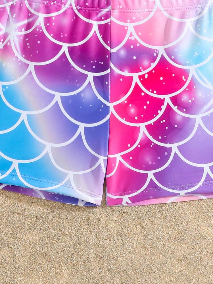 两件套少女运动泳衣套装，简约别致的欧式风格，彩虹美人鱼鳞片印花。方便穿脱。适合游泳、沙滩、戏水等场合，2025春夏新品 - 彩色 - 查看 4
