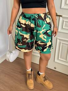 SHEIN EZwear Plus Size Casual Drawstring Camo Cargo Shorts - Yellow - View 3