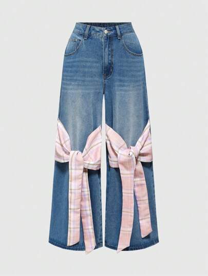 Kawaii Jeans casuales de ajuste holgado con bolsillo y diseño de lazo a cuadros para mujeres