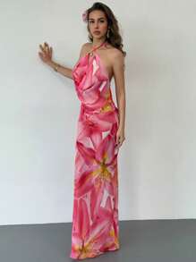 Aloruh New Chiffon Sexy Plunging Neck Lily Print Dress For Women, Great For Spring/Summer Vacations - Multicolor - View 7