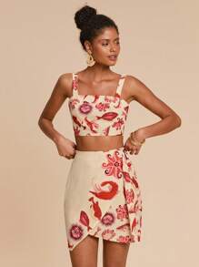 Travachic 2件套女士海洋生物印花无袖短款上衣和不对称半身裙