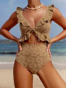 Swim Mod Women's Summer Beach Vacation Jacquard Ruffle Trim Hollow Front Knot One Piece Swimsuit - Khaki - View 3