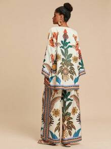 Travachic 2 件套女士套装，梭织印花长袖宽松衬衫和高腰宽松阔腿裤，女士夏季服装，沙滩装，春夏，复活节，节日服装，女士沙滩装，春假，女士度假服装，女士音乐会服装，波西米亚风，波西米亚风，音乐节，7 月 4 日服装，热带度假 - 杏色 - 查看 2