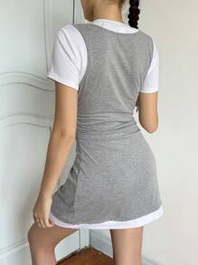 SHEIN Teen Girls' Casual Simple Comfortable Patchwork Contrast Color Round Neck Short Sleeve Snug Fit Dress - Light Grey - View 8