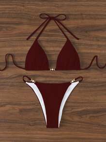 Swim Basics Women's Beach Holiday Tie Front Red Bikini Set For Summer Beach Vacation