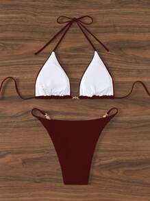 Swim Basics Women's Beach Holiday Tie Front Red Bikini Set For Summer Beach Vacation