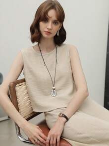 EMERY ROSE Conjunto De Dos Piezas Para Mujer: Chaleco De Cuello Redondo Y Pantalones Anchos De Un Solo Color