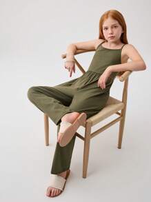 SHEIN Leap Crew Bộ đồ liền thân bó sát màu trơn đơn giản cho bé gái tuổi mới lớn - xanh quân đội - Xem 3