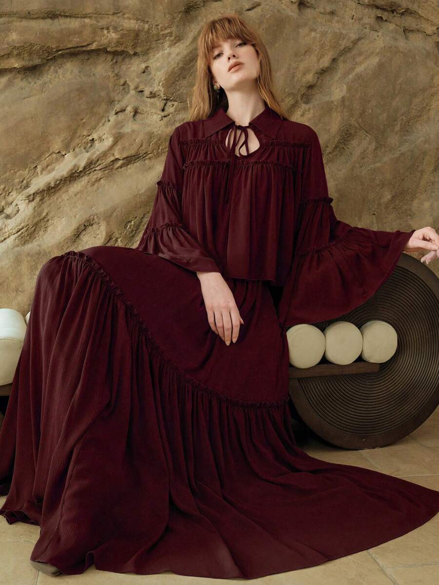 Arave Women Chiffon Red Color Loose Flowy Blouse For Women, Outfits For Women,Festival Outfits Women,Women  Clothes,Vacation Outfits Woman,Red Top,Flowy Top, Maroon Dress ,Long Sleeve Dress, Tiered Dress, Long Dress, Boho Dressfall Women Clothes Fall Outfits Women Fall Autumn Clothes