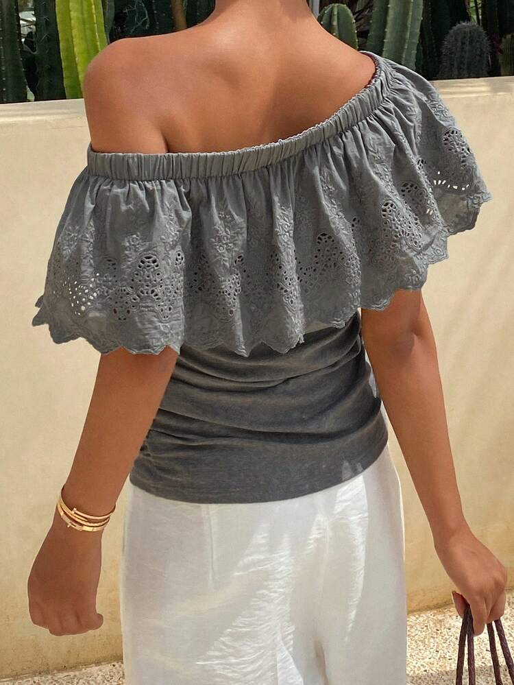 Women's Contrast Lace Off-Shoulder Slim Fit Casual Vacation Summer Top,Off Shoulder Top