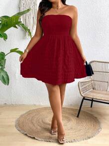 SHEIN Clasi Plus Size Women's Red Textured Strapless Mini A-Line Beach Dress, Summer Holiday Outfit - Burgundy - View 5