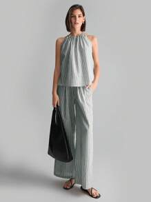 Ontre Women's Casual Green Striped Two-Piece Set Sleeveless Halter Top And Wide-Leg Pants Co-Ord - Multicolor - View 1