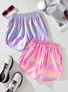 SHEIN 2件套女童弹性腰包覆彩色短裤套装，夏季 - 玫紅色 - 查看 2