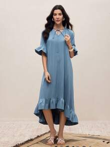 Modelyn Vestido con cuello en V con volantes para mujer, estilo de vacaciones - Azul - Ver 7