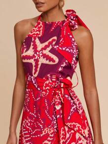 Travachic Vestido de vacaciones de mujer con estampado de contraste, cuello con corbata y patrón artístico sin mangas