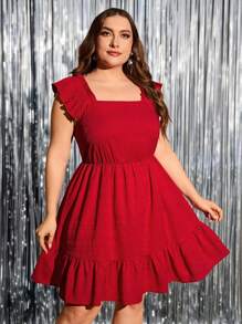 SHEIN Clasi Vestido de cuello cuadrado bajo con fruncido - Rojo - Ver 5